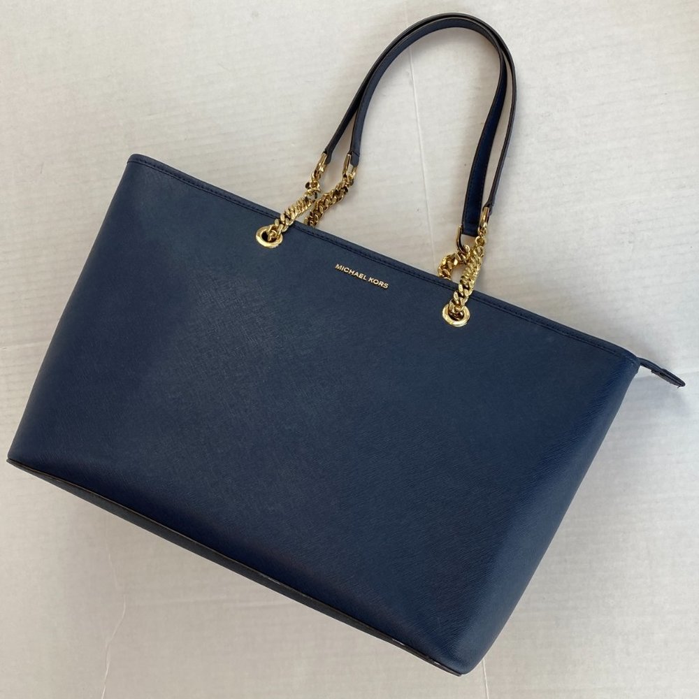 Michael Kors Navy Blue Saffiano Leather Gold Chain Link Strap Tote Excell Cond
